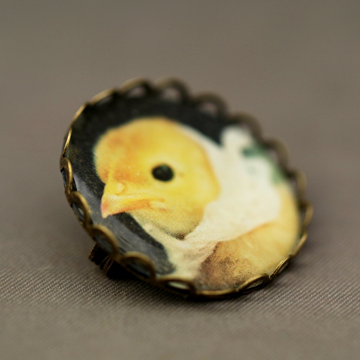 Photo Brooch of A Chick In A White Lace Kerchief Antique Bronze Pin