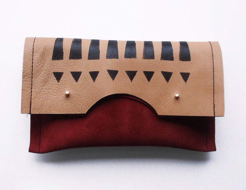 Folded Clutch / maroon suede and mushroom leather with black tribal pattern