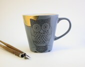 black owl gold moon grey mug  , handpainted