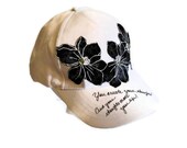 White and Black Baseball Cap - Black Floral Fabric Accent-  Affirmation - Bling - Womens Cap-TAGT