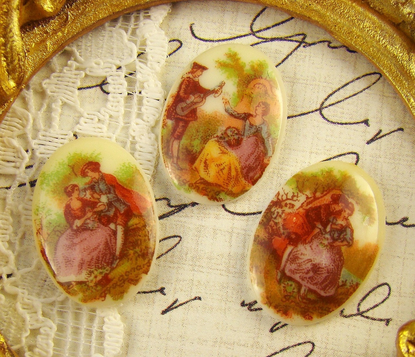 Vintage 18x13mm French Courting Couple Cabochons Cameos Destash - 3