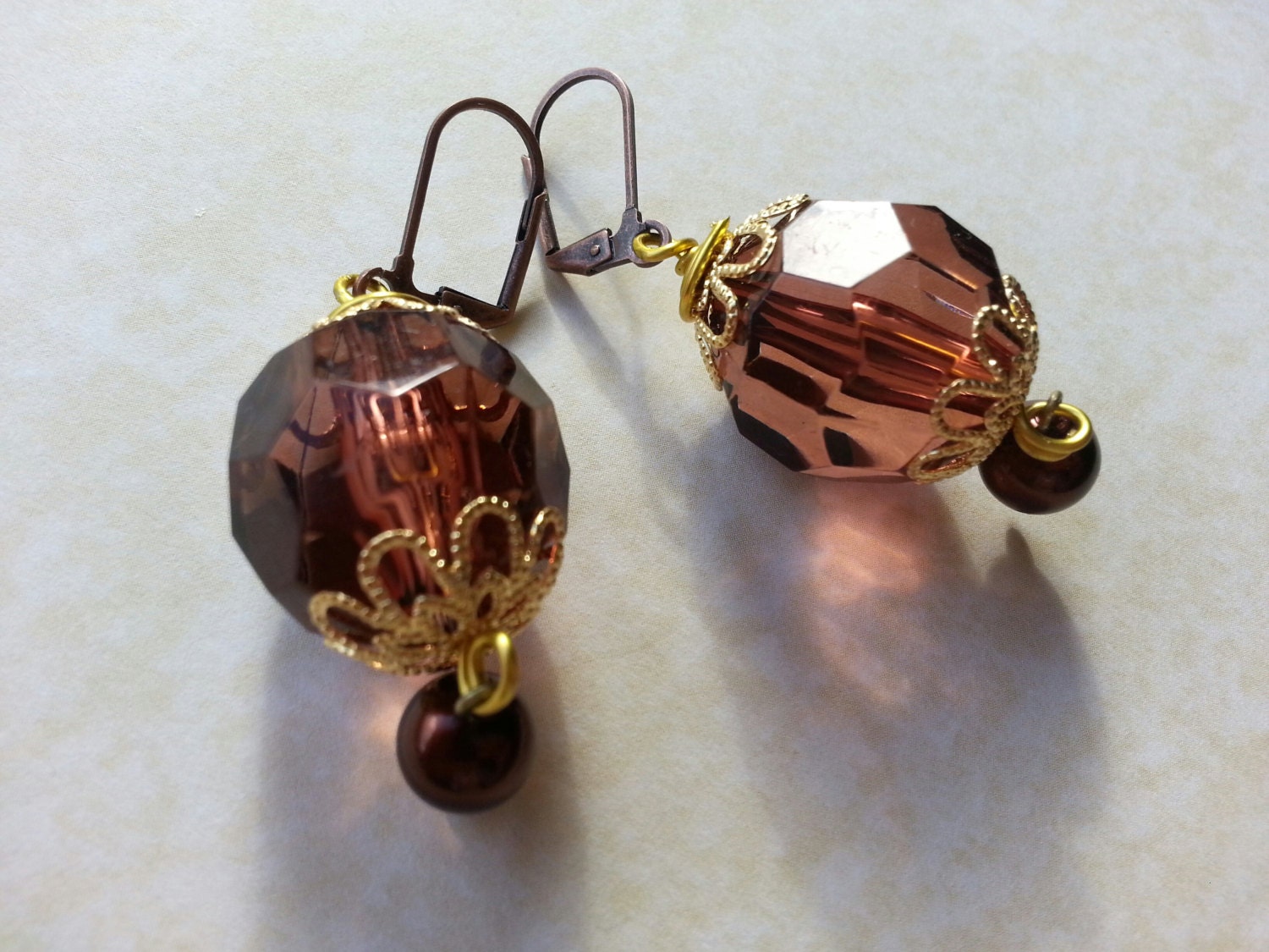 Oversized Amber Steampunk  earrings - faceted faux amber and copper beads with golden filigree