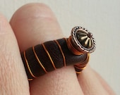 Leather and Copper Wire Ring with Brass Focal Point - Steampunk Victoriana costume jewellery