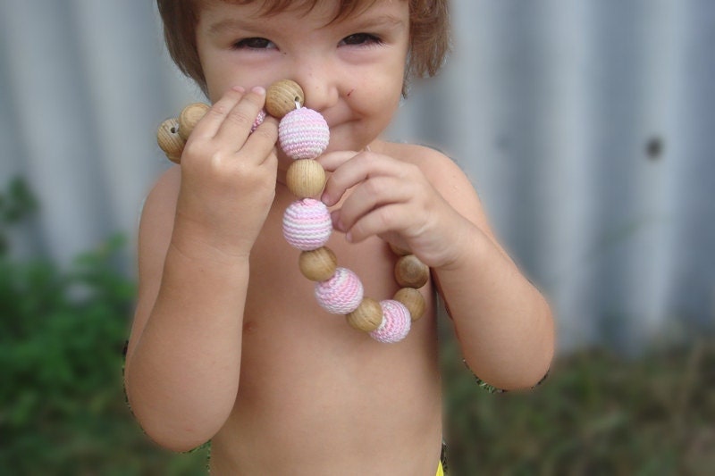 Nursing necklace Pink  Girls Light pink Pink  Crochet Bead - Totally Natural and Eco-Friendly - Toddler Girls Jewelry