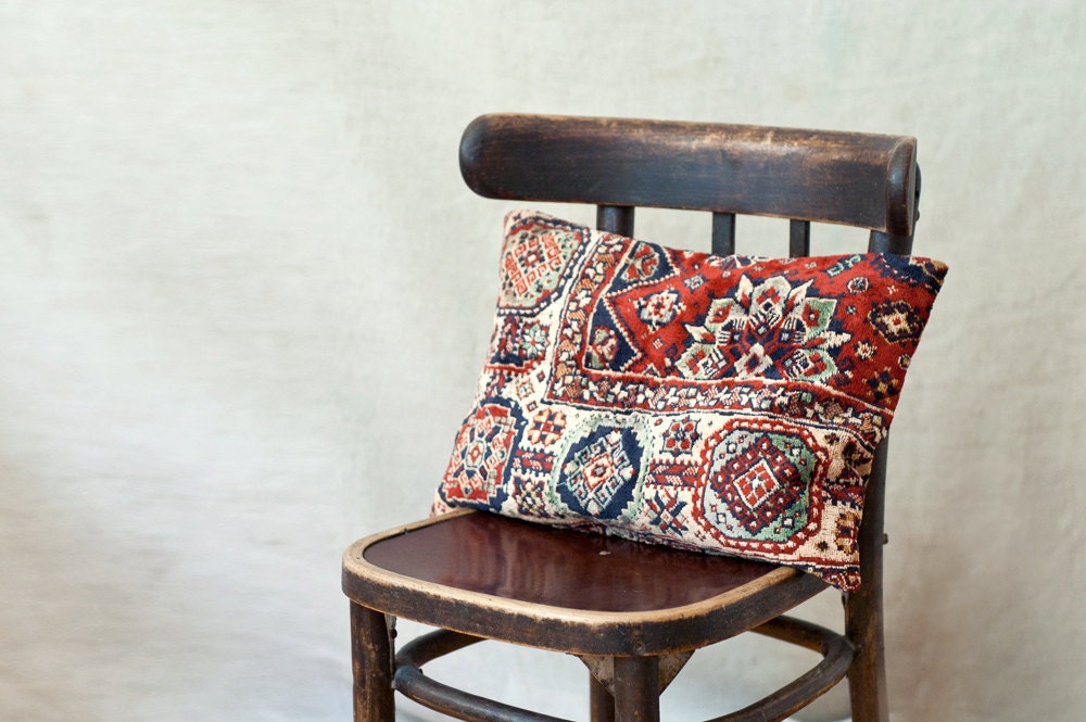 rug pillow, 12 x 18 pillow case, ONE,  lumbar pillow, red, navy and white, Uzbek home decor, ethnic rug pillow - MulberryWhisper