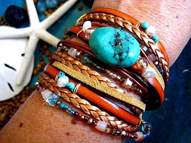 Turquoise, Bronze, Camel - Chic Endless BoHo Leather 3X Multi Strand Wrap, Fresh Water Pearls, Crystals Beaded Bracelet...."FREE SHIPPING"