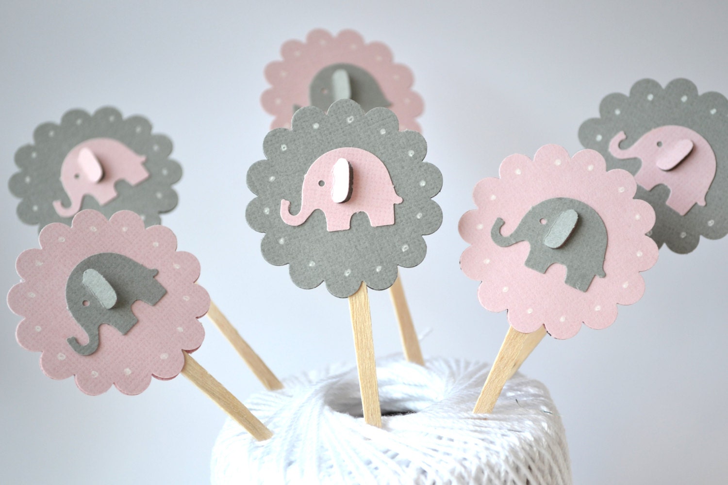Pink and Grey Elephant Cupcake Toppers Qty 12--Baby Shower--Birthday Party