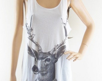 Deer Animal Design Deer Tank Top Women T-Shirt White Sleeveless Animal T-Shirt Screen Print Size M