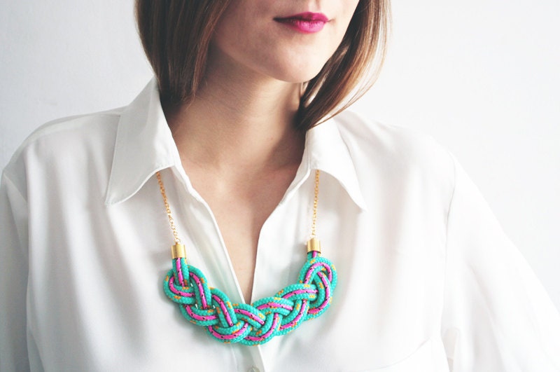 Braided rope necklace / statement necklace / bib necklace in teal and neon pink
