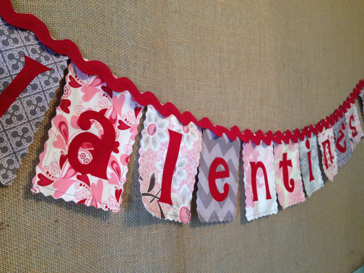 Fabric Reusable HAPPY VALENTINES DAY Banner for Valentine's Day in Pink, Grey and Red