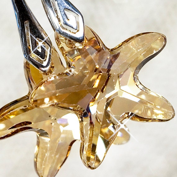 Sterling Silver Swarovski Golden Starfish Earrings, Bridal Earrings, Golden Crystal Wedding Earrings. Swarovski Earring