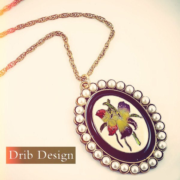 Neckalce - Fashion lovely oval rose flower glass pearl beaded lace pendant necklace