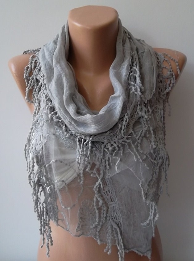 Fantastic  Scarf - Elegance  Scarf  with Lace Edge trendscarf- gray---Mothers day gift