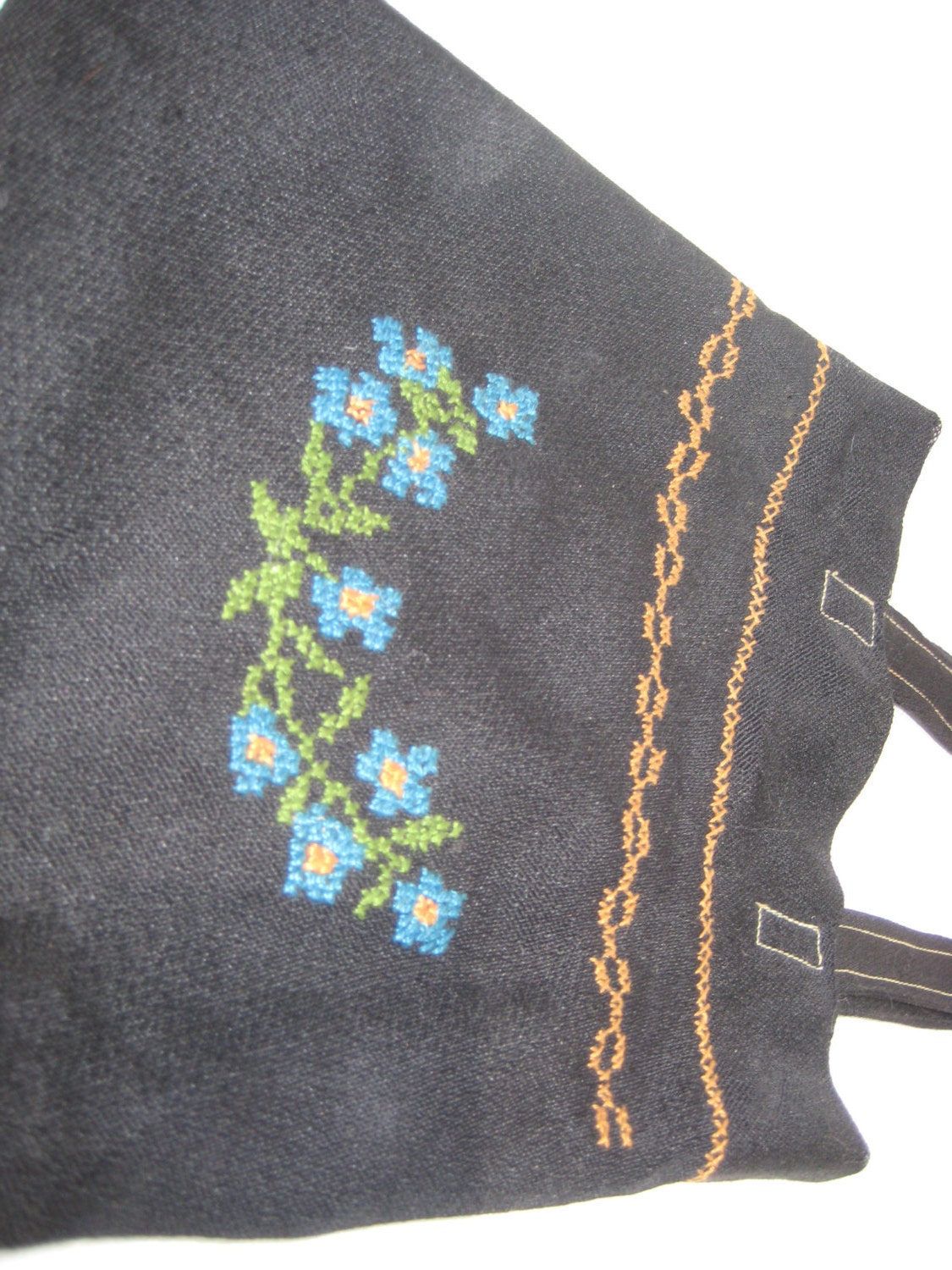 19th-Century French Handmade Black Bag with Cross-Stitch Design and Silk Lining