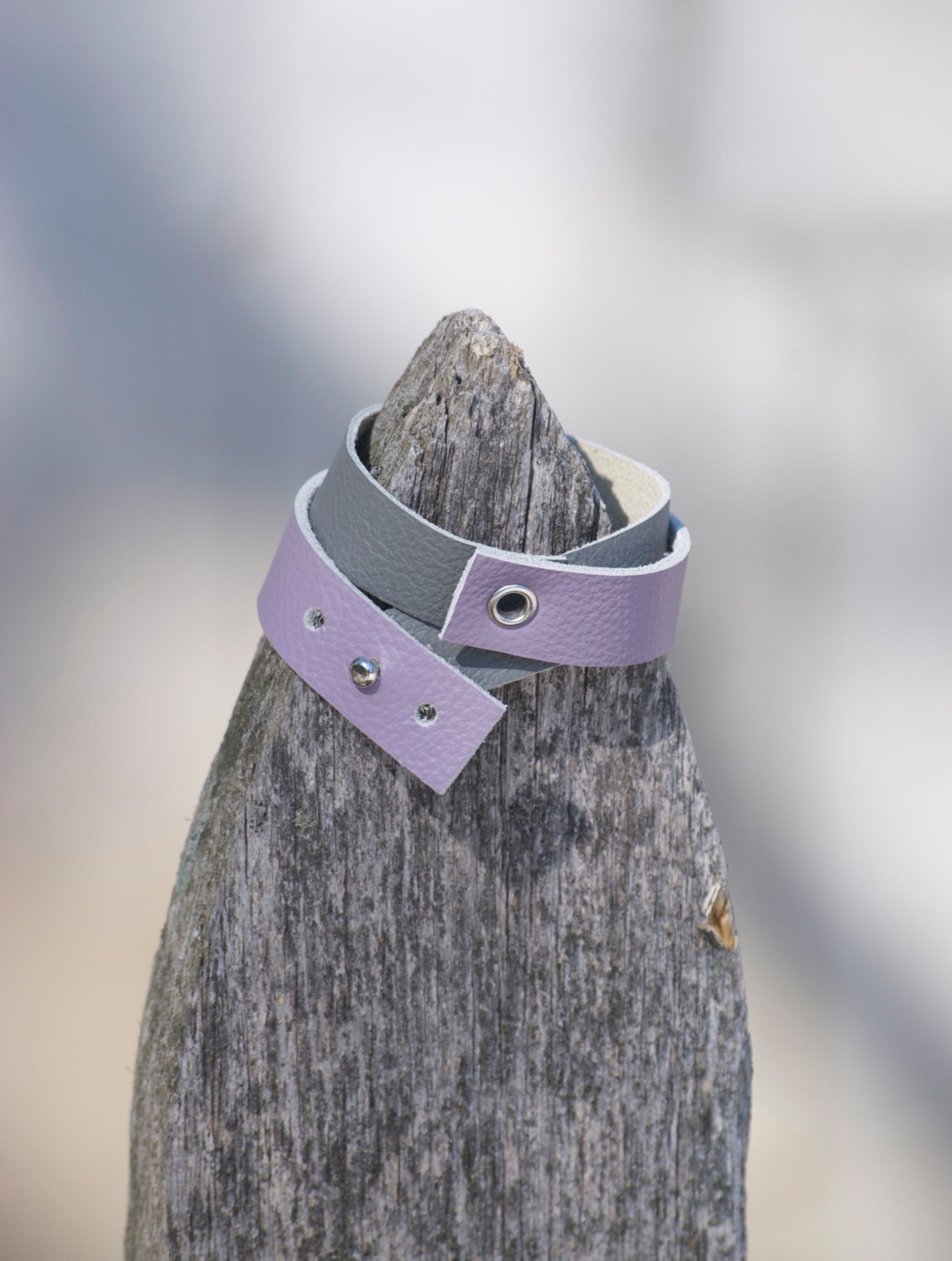 Leather double wrap bracelet - lilac and gray
