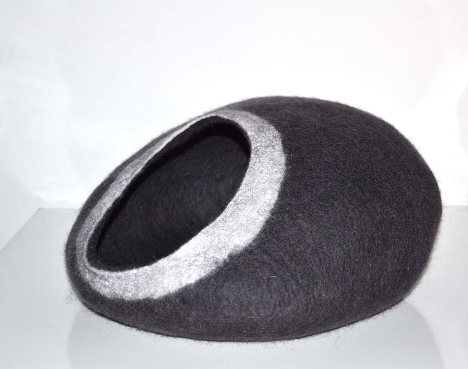 Stylish felted cat bed, cats cave, pet house, dog house. Black and White. READY TO SHIP