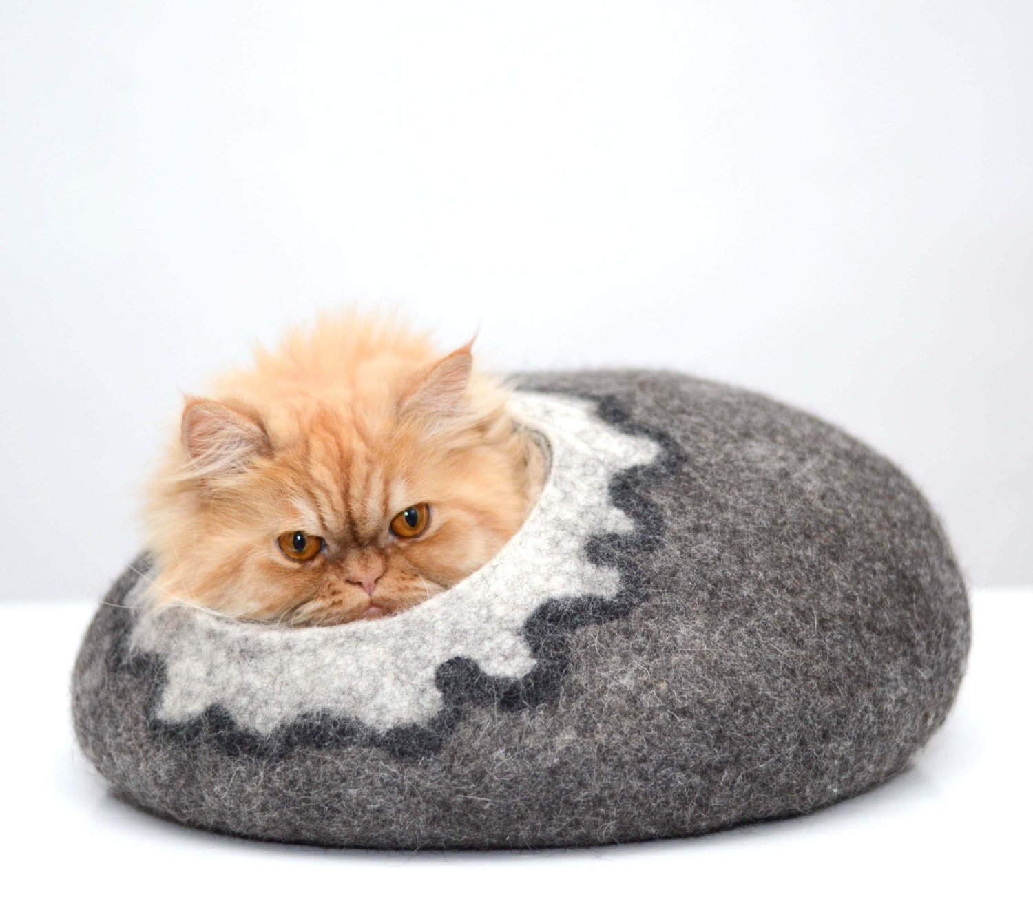 Cat house, cats bed, cat cave, wool pets house, grey with white