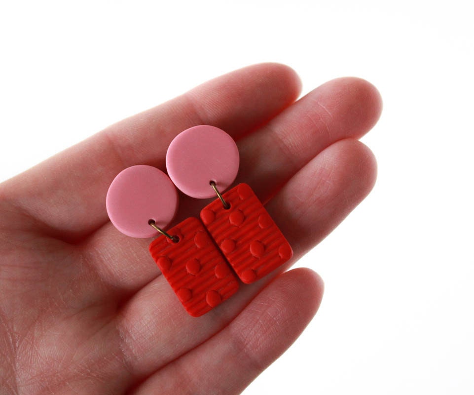 Hand Stamped Dangle Earrings, Geometric Stud Earrings, Polymer Clay Stud Earrings