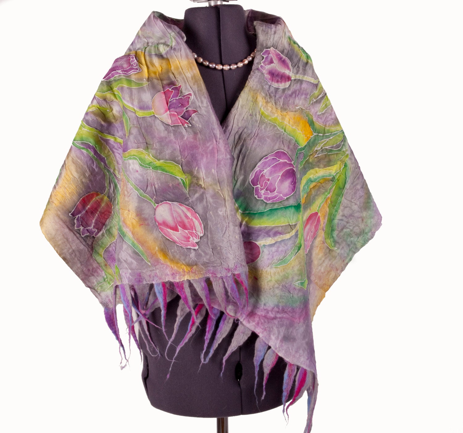 Scarf Shawl Wrap Hand painted silk scarf Nuno Felt Tulip lilac