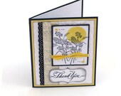 Embossed Thank you card, black yellow flower boquet, hand stamped thank you note card, blank card