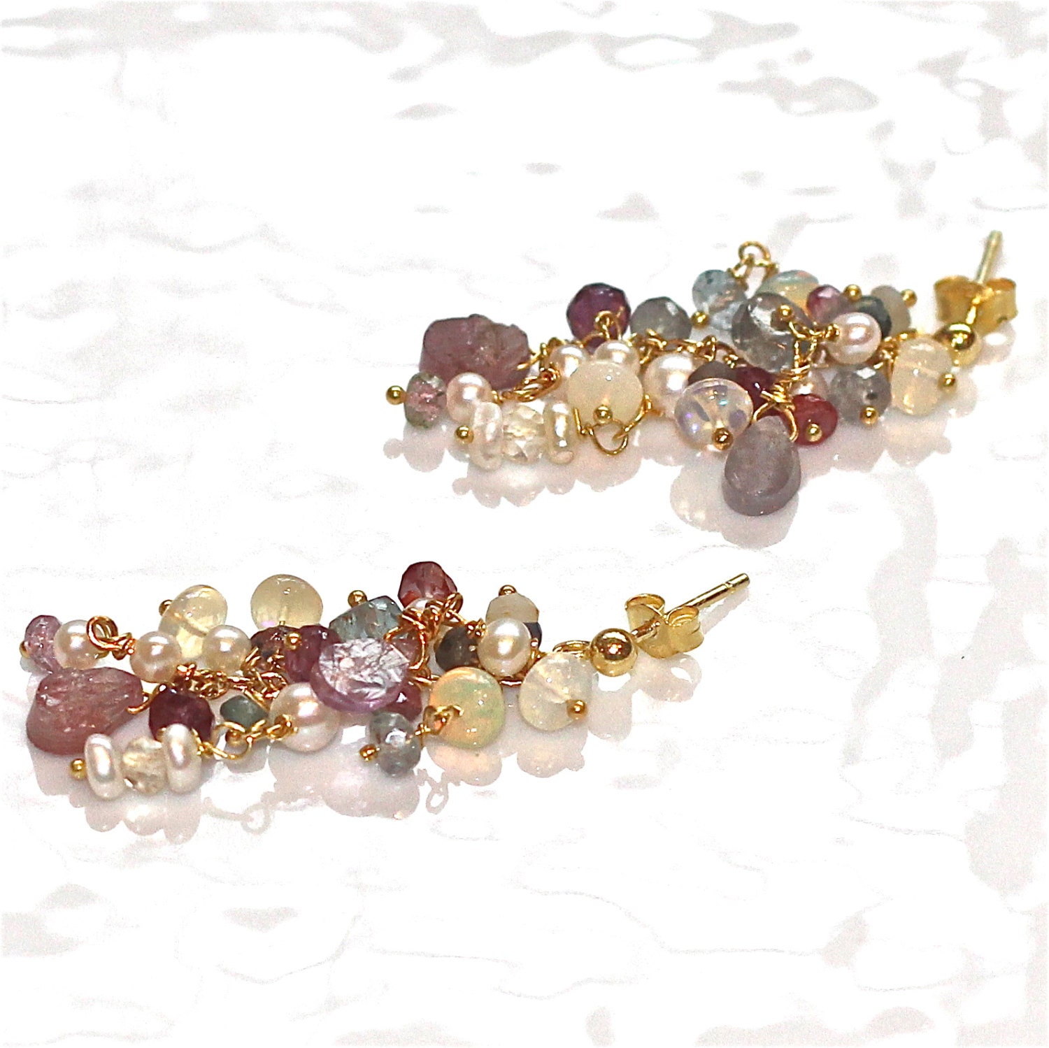 Rainbow Watermelon Tourmaline Hammered Waterfall Ethiopian Opal Sapphire Keshi Pearl Gold Vermeil Dangle Drop Cluster Earrings Jewelry