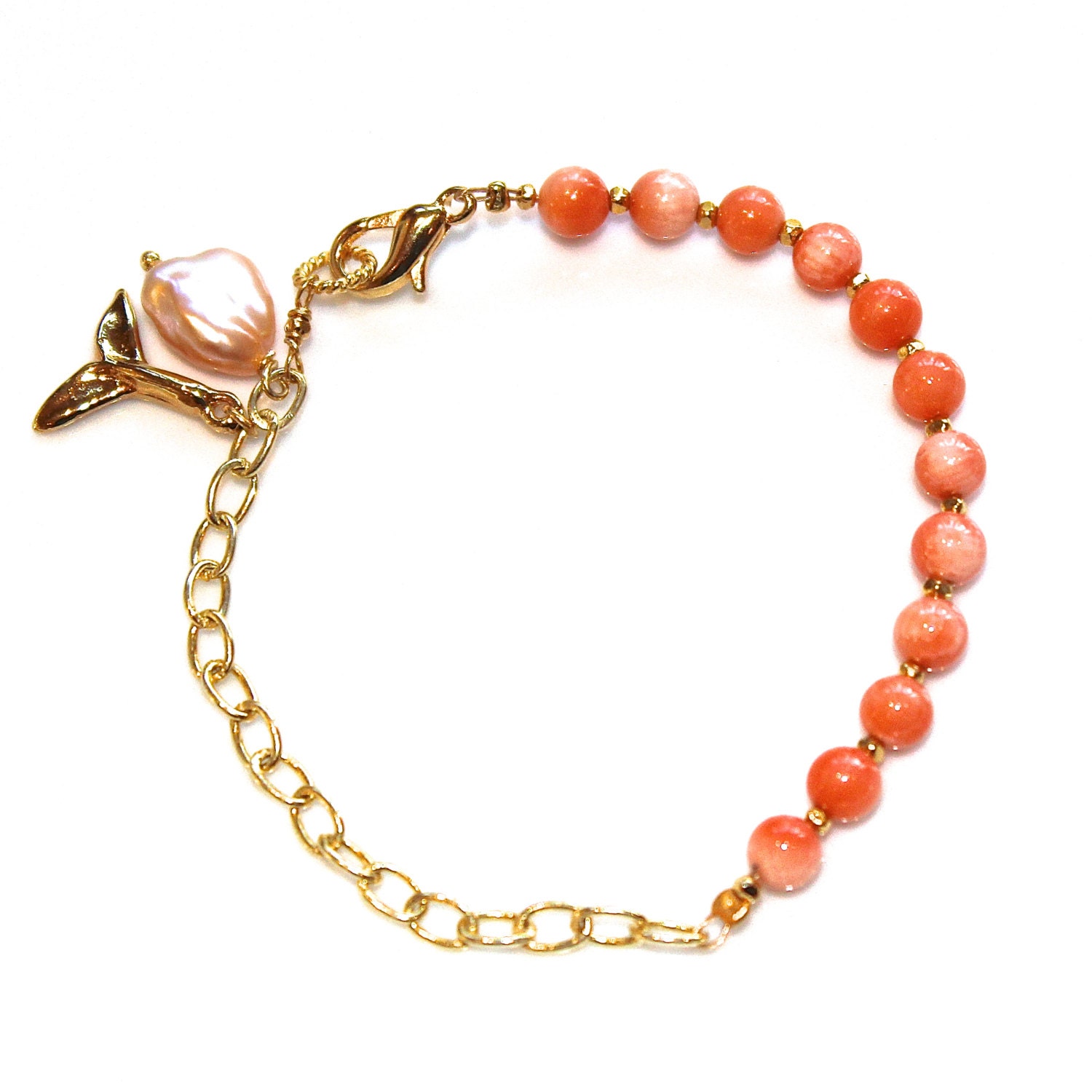Angelskin Coral Charm Bracelet Gold Chain Whale Tail Stackable Bracelet FizzCandy Gemstone Jewelry