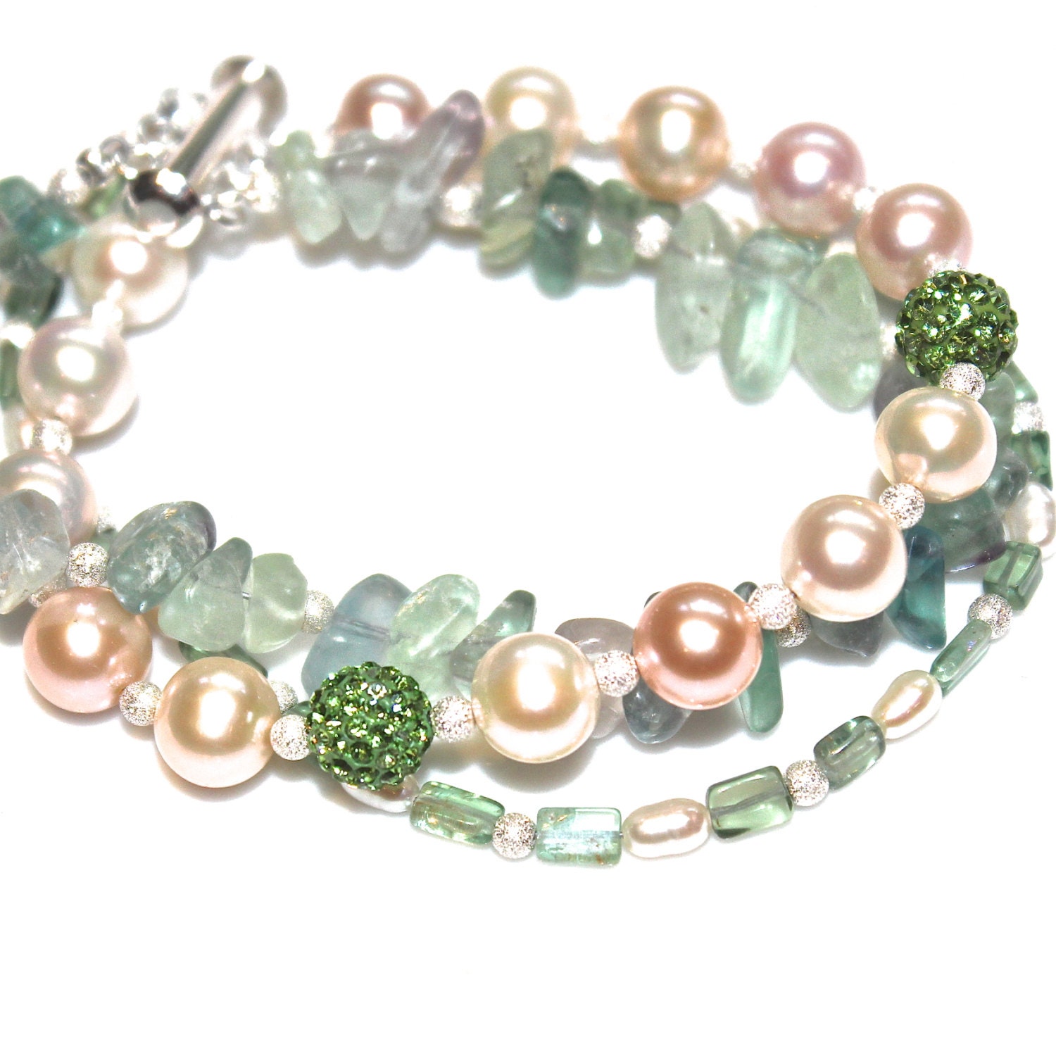 Pearl Cuff Bracelet Fluorite Nugget and Creamy Ocean Aqua Apatite Multistrand Summer Jewelry FizzCandy