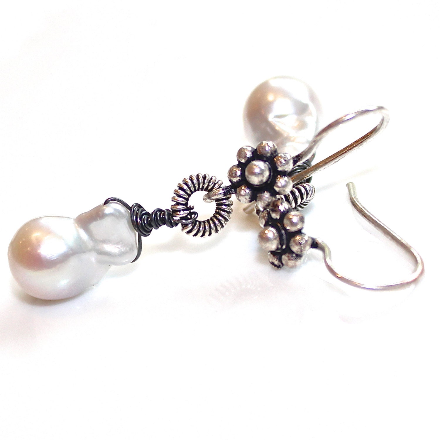 Baroque Pearl Earrings Oxidized Silver Drop Wire Wrapped Gemstone Jewelry