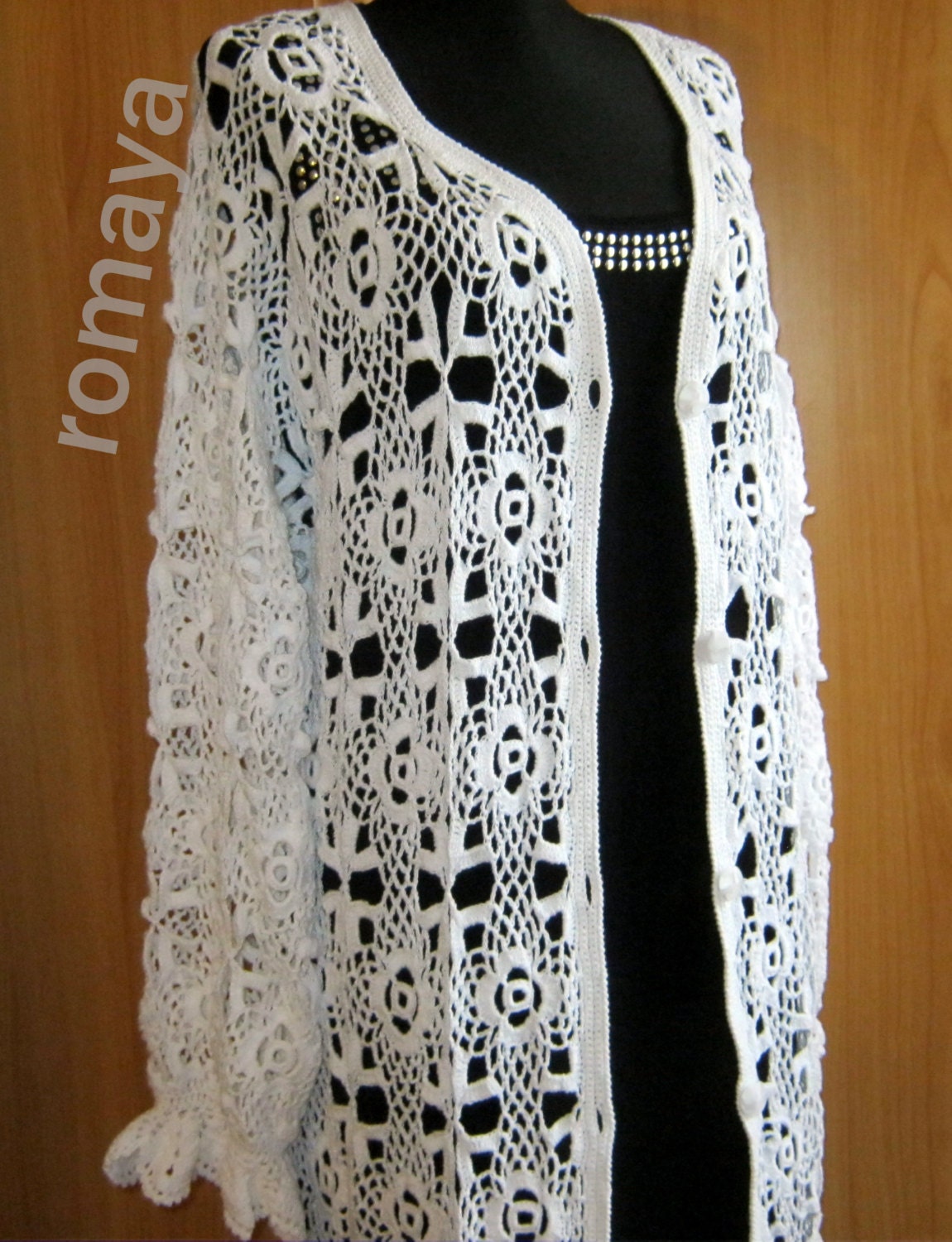 Design lace crochet cardigan ,ELEGANT wedding coat   ,handmade lace white  cotton, plus size