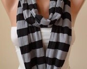 Black and Gray Striped Infinty Scarf  - Circle -  Loop Scarf - Combed Cotton Fabric