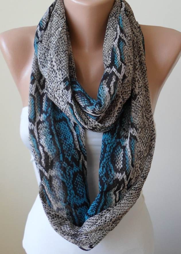 Valentine's Day - Gray and Blue Snake Skin - Circle -  Loop Scarf - Chiffon Fabric