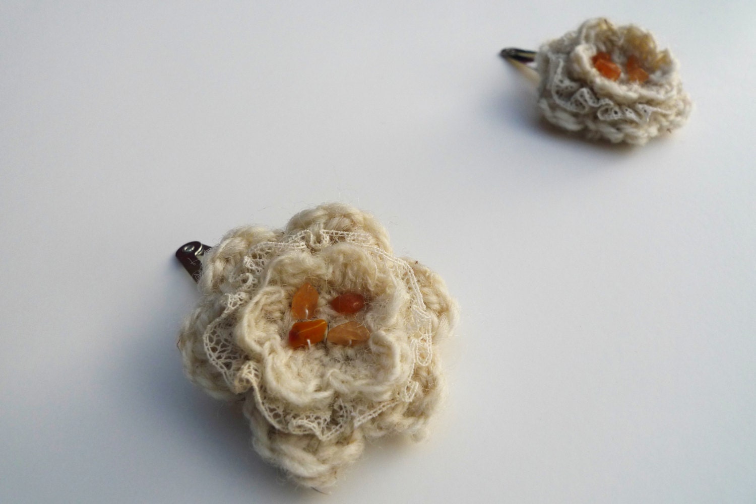 Floral hair grips, crocheted
