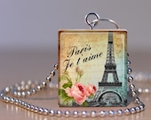 Scrabble Jewelry - Necklace - Scrabble Pendant - Paris "I Love You" French Vintage - Art Charm - 17" Chain Handmade
