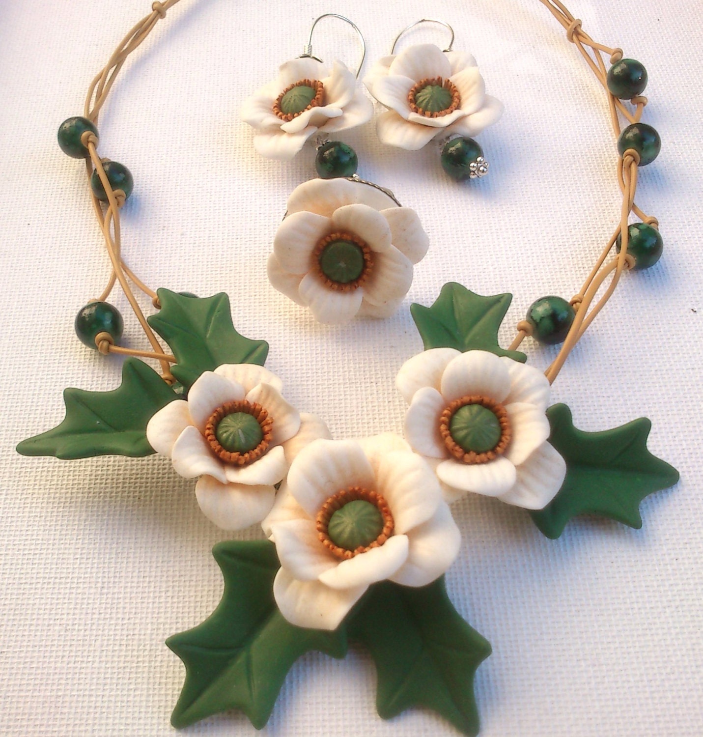 Poppy polymer clay necklace,earrings,ring- Handmade jewellry - Poppy jewelry