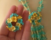 Turquoise jewelry - Polymer necklace and earrings - Flower wreath jewelry - Handmade