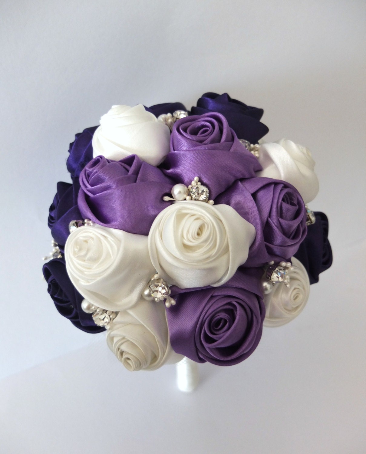 Handmade Ribbon Rose Bouquet- Purple & Ivory Flower accented with rhinestone (Large, 8-9 inch)