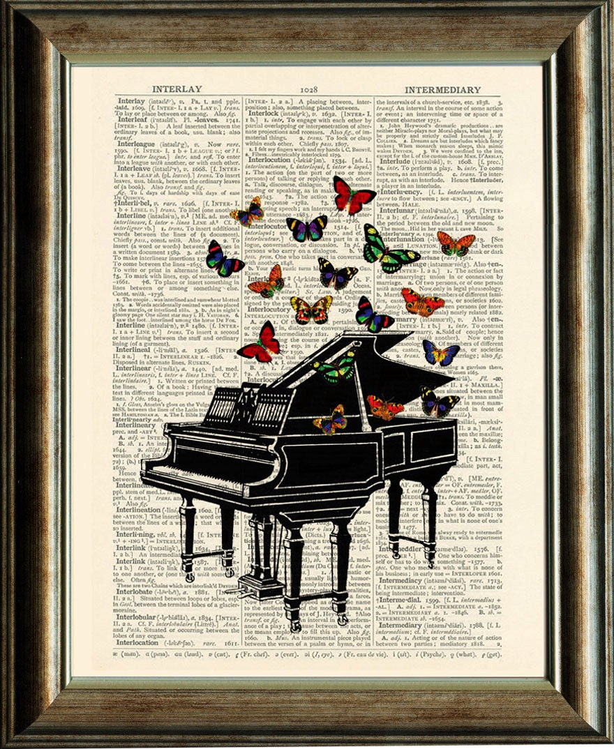 Vintage Piano Illustration with Butterflies - vintage image printed on a page from an early 1900s Dictionary Buy 3 get 1 FREE - PixelArtPrints