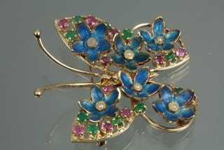 14KT Butterfly Ruby, Emerald, Pearl Pin
