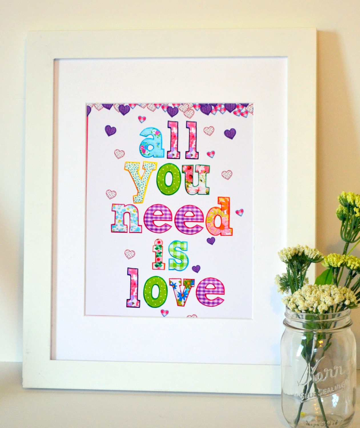 Beatles nursery 11x14 wall art- all you need is love- love is all you need- patchwork and heart- baby shower decor