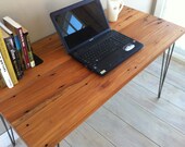 Modern industrial, mid century modern desk featuring reclaimed American Beech barnwood with hairpin legs.