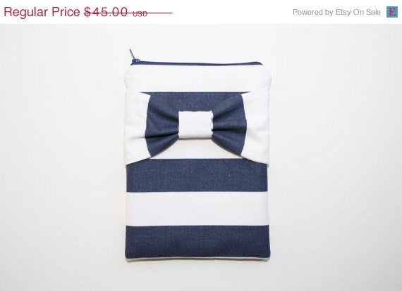 SALE iPad Case / Tablet Sleeve - Navy and White Stripes with Bow - Padded