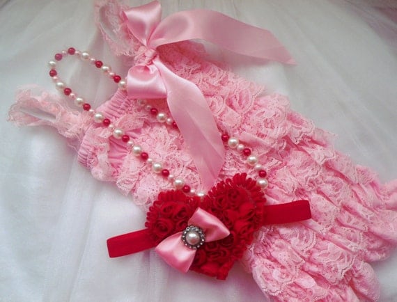 Baby Pink,Lace Petti Romper,Red Chiffon heart Headband and Necklace Set,Valentine's Gift Set,Newborn Headbands,Photo Prop,Ready to Ship