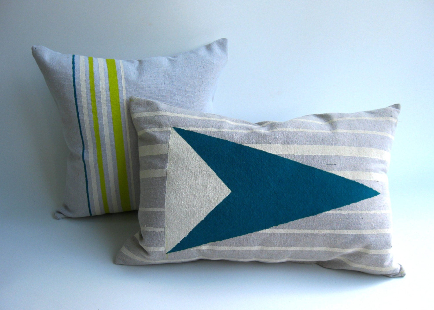 Down Feather Insert Included Hand-Painted Yellow, Teal Stripes & Nautical Pennant Pillow Canvas Pillow FREE SHIPPING