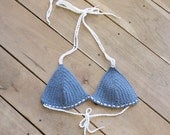 crochet bikini tops. nautical denim bathingsuit. organic cotton, waterproof, festival dance and yoga. made to order in your size.