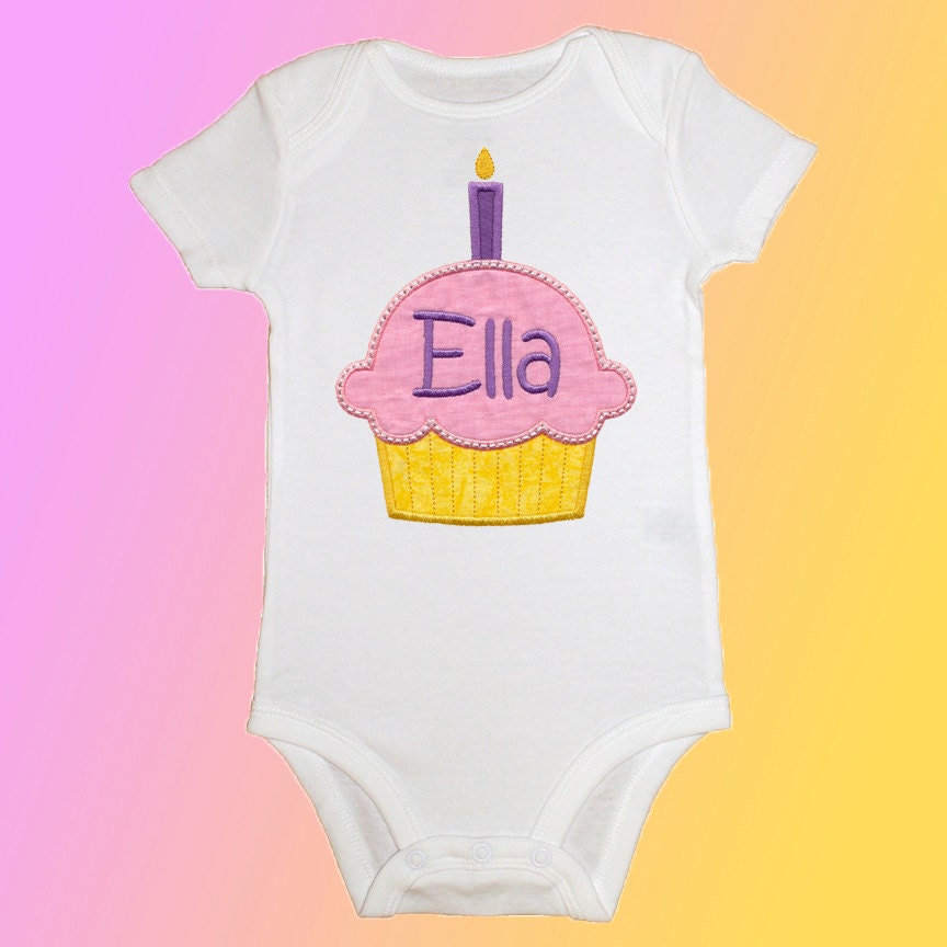Birthday Shirt Onesie Bodysuit - Personalized Applique - Cupcake Candles - Embroidered Short or Long Sleeved