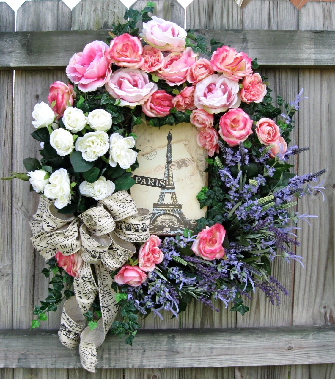 Springtime in Paris France Wreath, Roses, Lavender, Large