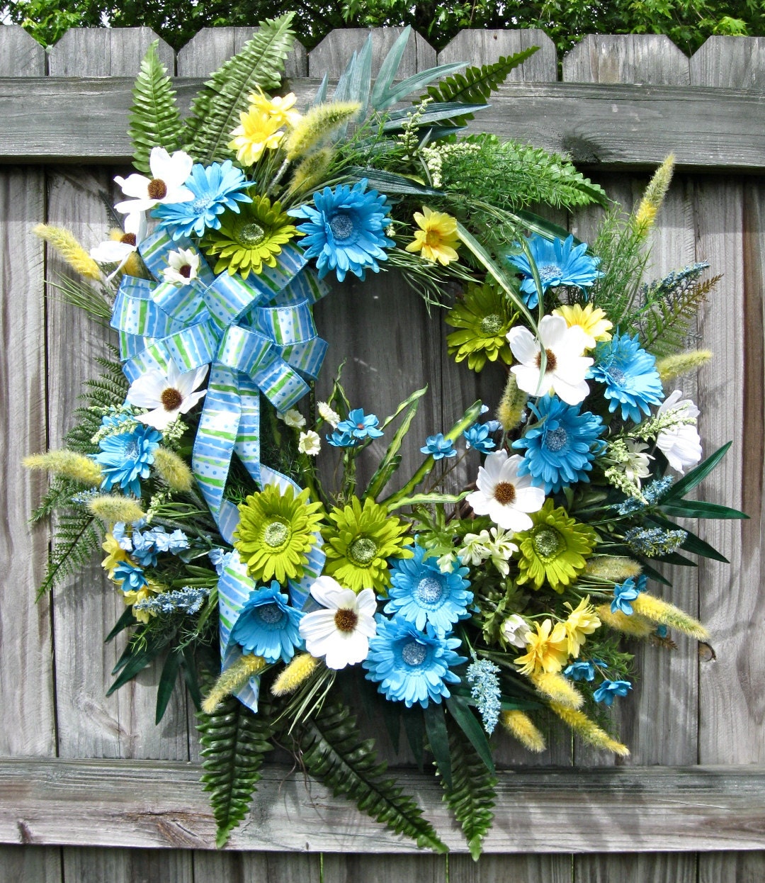 SALE  Tropical Delight Turquoise and Lime Gerbera Daisy Wreath, Coastal, Beach, XX-LARGE