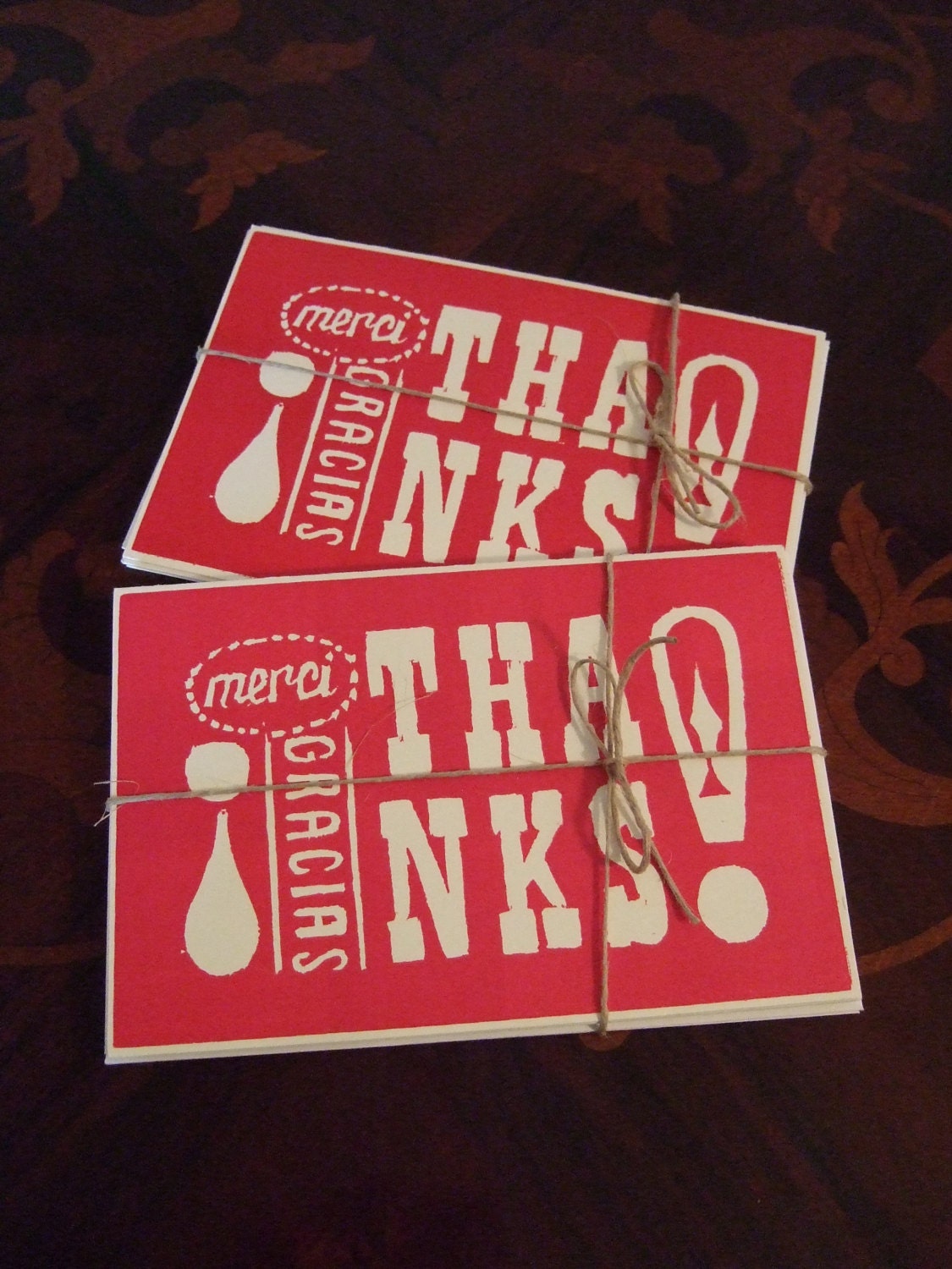 Set of Four Blank Letterpress Thank You, Gracias, Merci Cards with White Envelopes