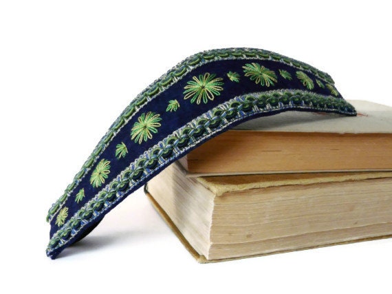 Felt headband Embroidered Blue Green wool Rustic styles