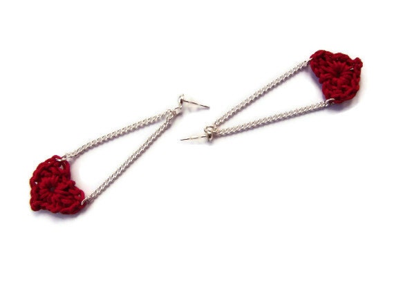 Red Heart Earrings, Chain Dangle Earrings, Crochet Earrings, Crochet Hearts, Red Dangle Earrings, Gift for Her, Boho Jewellery, OOAK